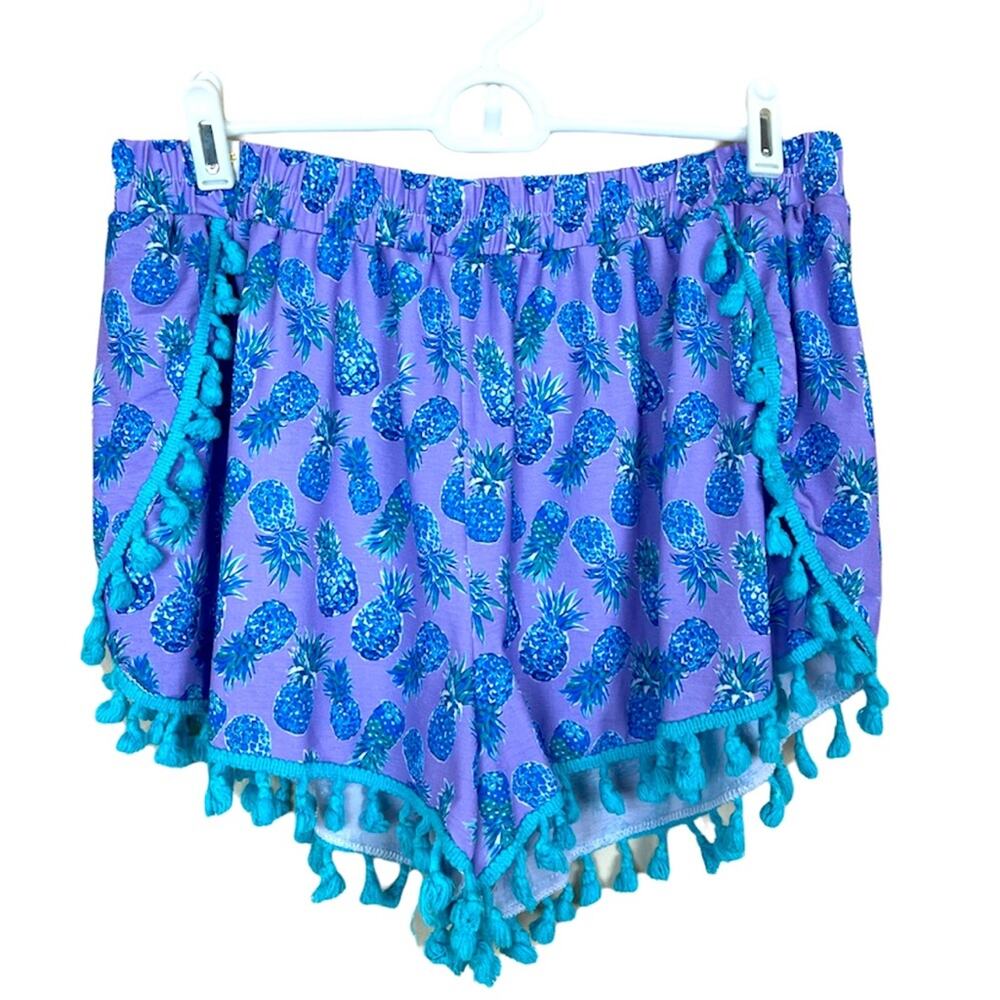 SIMPLY SOUTHERN Purple Pineapple Tassel Preppy S/M Shorts Turquoise Lounge Beach